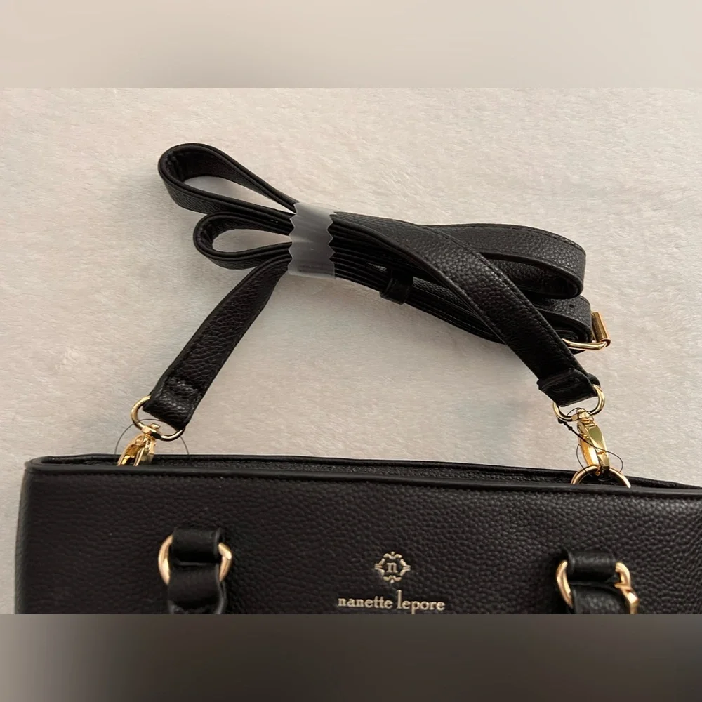Nanette Lepore Black Priya Satchel Bag Crossbody Tote with Polka Dot Accent